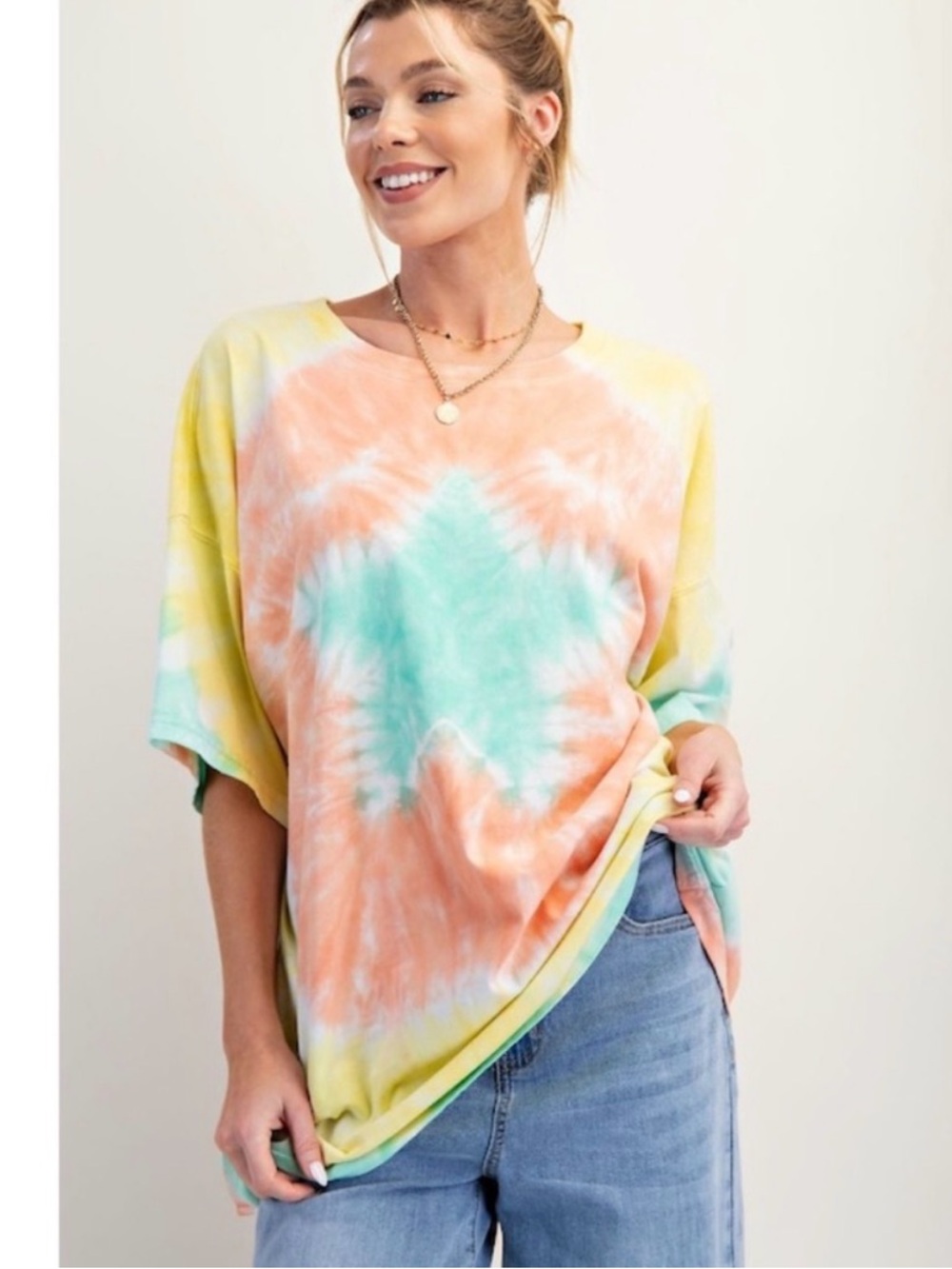 easel Tie-Dye Short Sleeve Tee in Pastel Yellow, Peach & Aqua